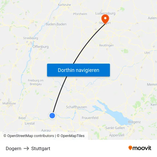 Dogern to Stuttgart map