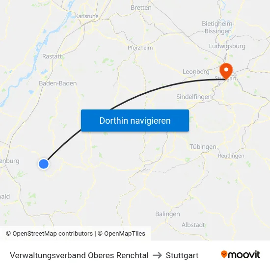 Verwaltungsverband Oberes Renchtal to Stuttgart map
