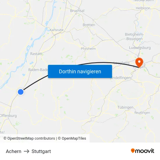 Achern to Stuttgart map