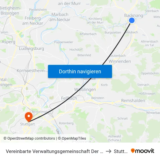 Vereinbarte Verwaltungsgemeinschaft Der Stadt Backnang to Stuttgart map