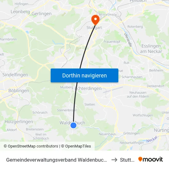 Gemeindeverwaltungsverband Waldenbuch/Steinenbronn to Stuttgart map