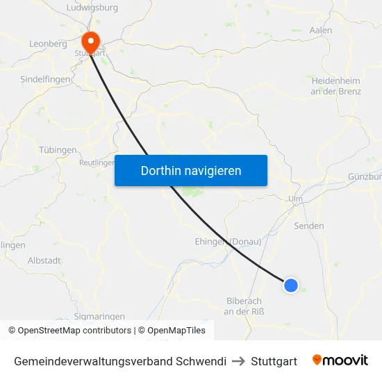 Gemeindeverwaltungsverband Schwendi to Stuttgart map