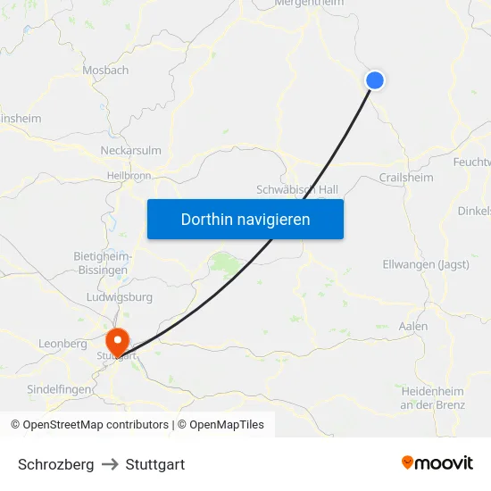 Schrozberg to Stuttgart map