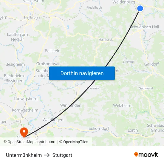 Untermünkheim to Stuttgart map