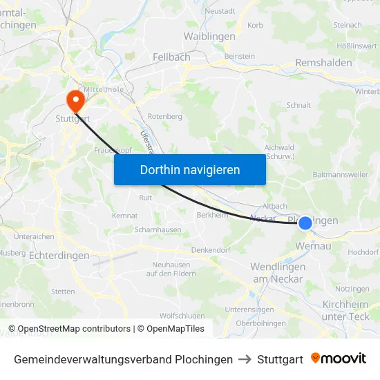 Gemeindeverwaltungsverband Plochingen to Stuttgart map