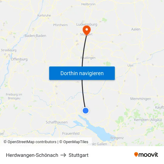 Herdwangen-Schönach to Stuttgart map