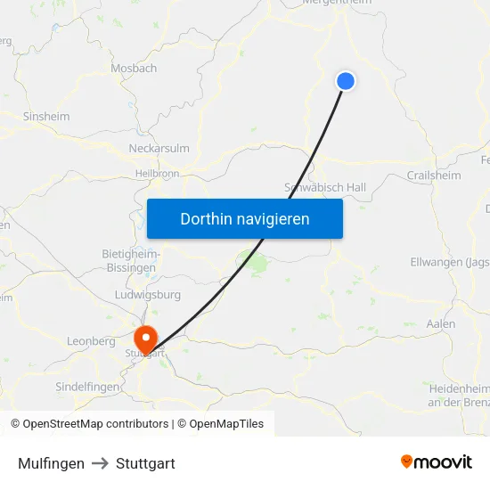 Mulfingen to Stuttgart map