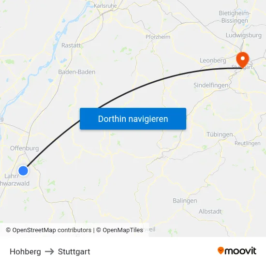 Hohberg to Stuttgart map