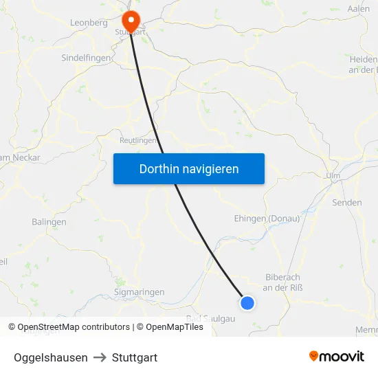 Oggelshausen to Stuttgart map
