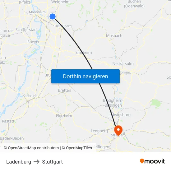 Ladenburg to Stuttgart map