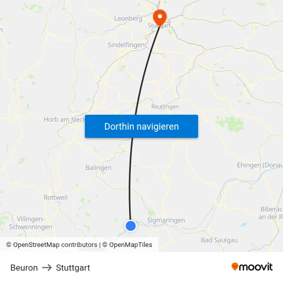 Beuron to Stuttgart map