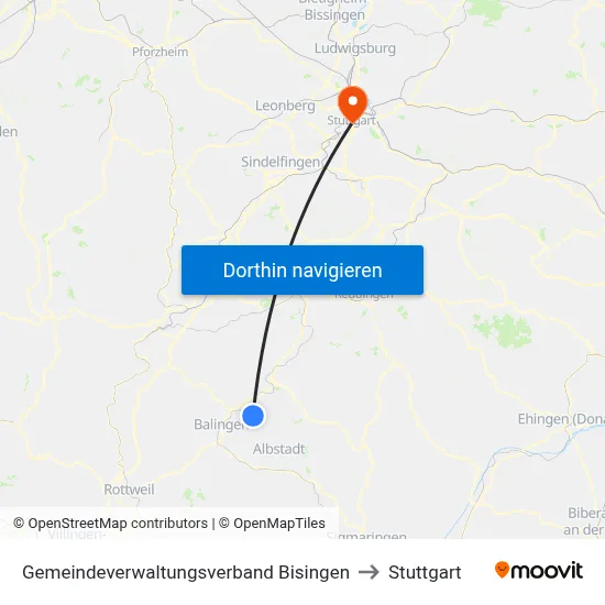 Gemeindeverwaltungsverband Bisingen to Stuttgart map