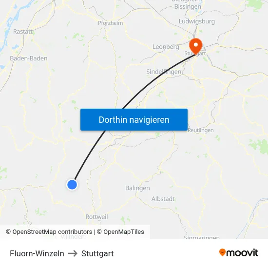 Fluorn-Winzeln to Stuttgart map