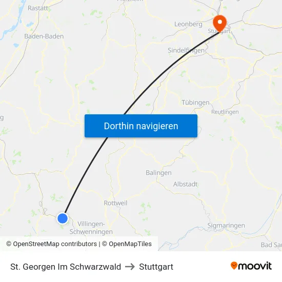 St. Georgen Im Schwarzwald to Stuttgart map