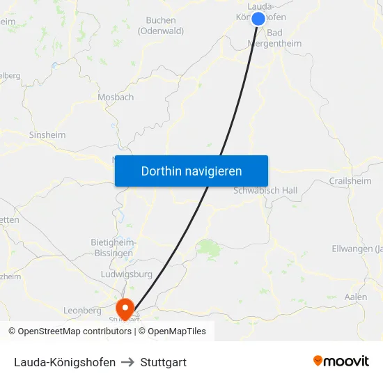 Lauda-Königshofen to Stuttgart map