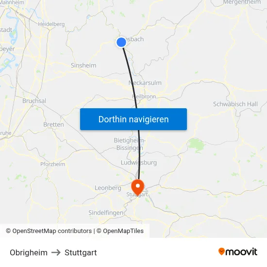 Obrigheim to Stuttgart map