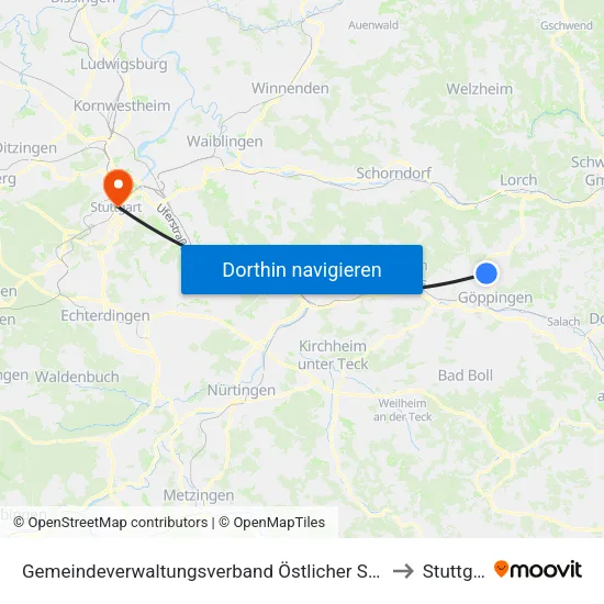 Gemeindeverwaltungsverband Östlicher Schurwald to Stuttgart map