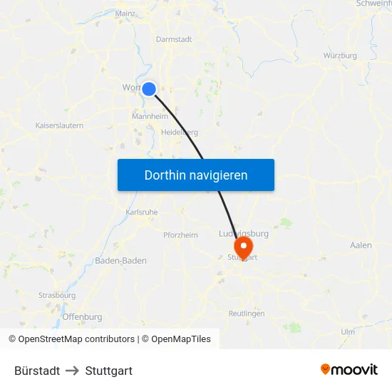 Bürstadt to Stuttgart map