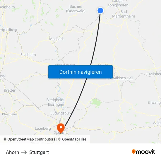 Ahorn to Stuttgart map