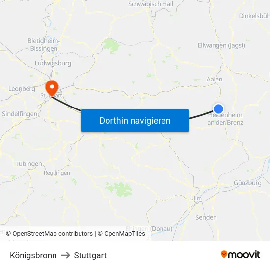 Königsbronn to Stuttgart map