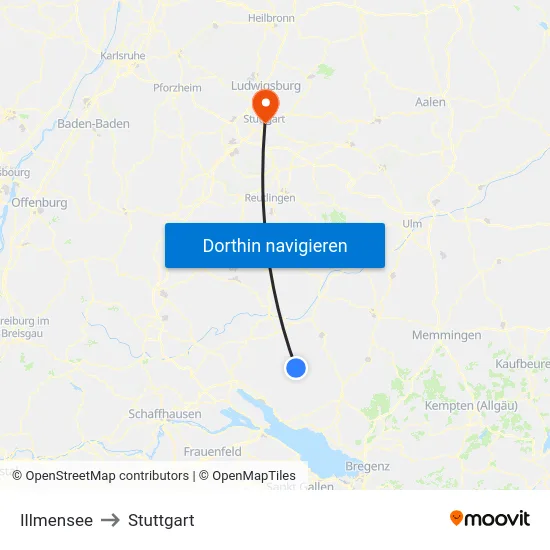 Illmensee to Stuttgart map