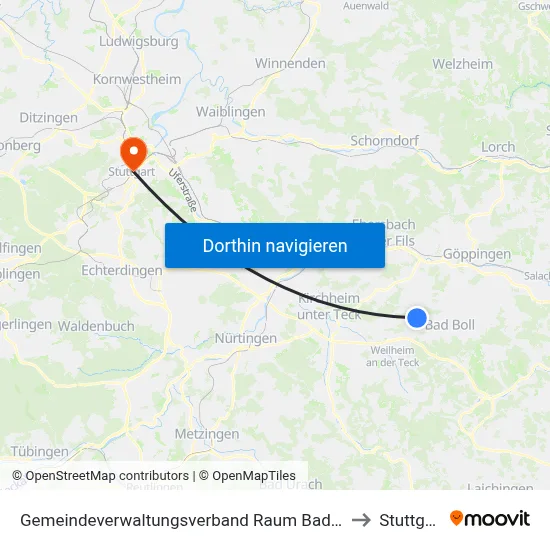 Gemeindeverwaltungsverband Raum Bad Boll to Stuttgart map