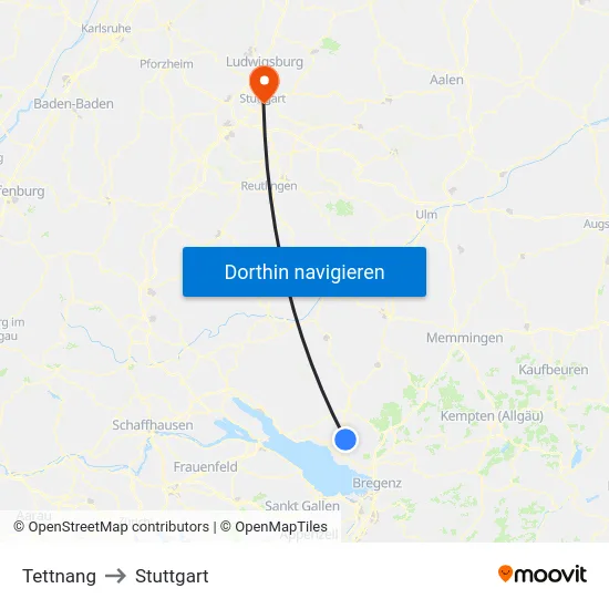 Tettnang to Stuttgart map