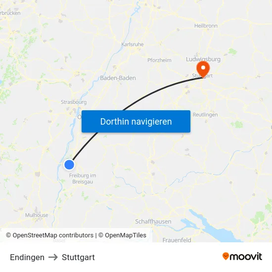 Endingen to Stuttgart map