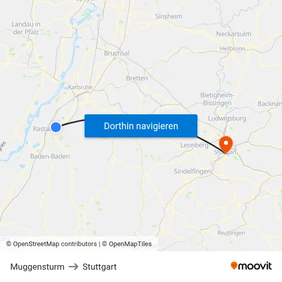 Muggensturm to Stuttgart map