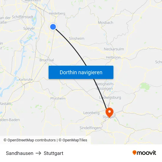 Sandhausen to Stuttgart map