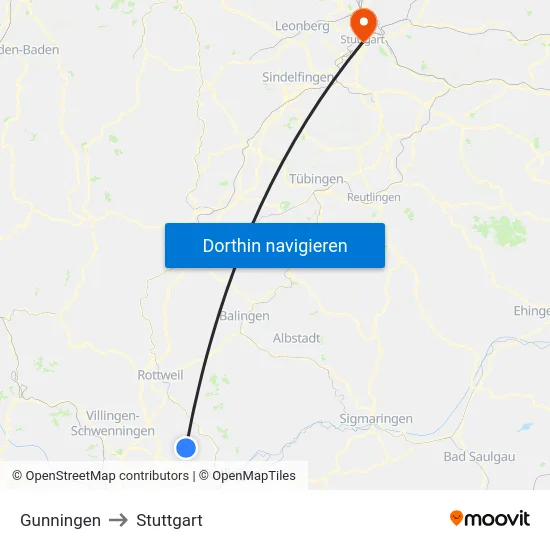 Gunningen to Stuttgart map