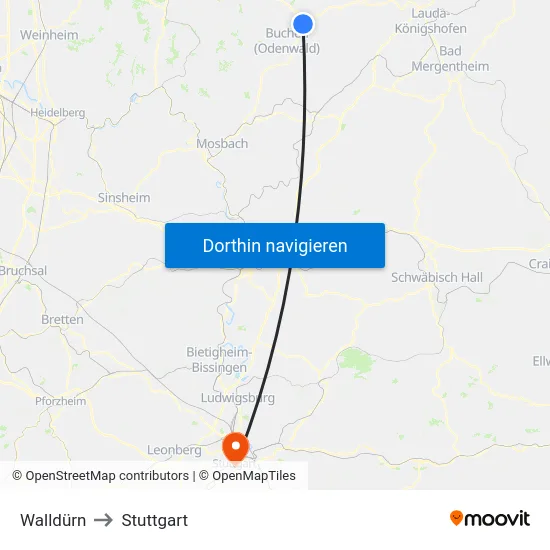 Walldürn to Stuttgart map
