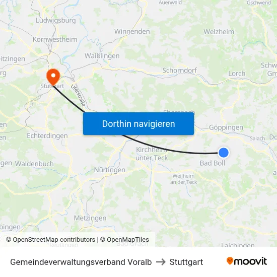 Gemeindeverwaltungsverband Voralb to Stuttgart map