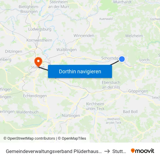 Gemeindeverwaltungsverband Plüderhausen-Urbach to Stuttgart map