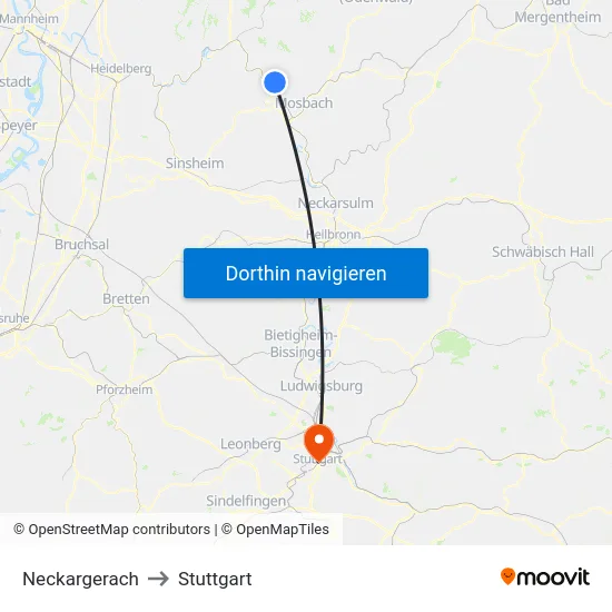 Neckargerach to Stuttgart map