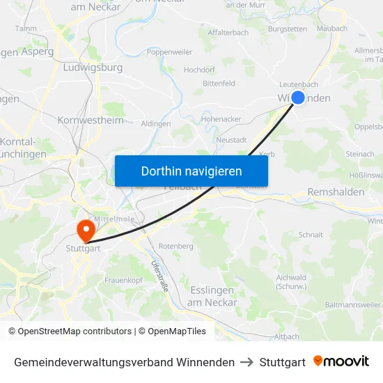 Gemeindeverwaltungsverband Winnenden to Stuttgart map