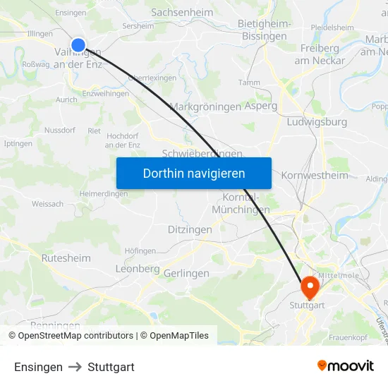 Ensingen to Stuttgart map