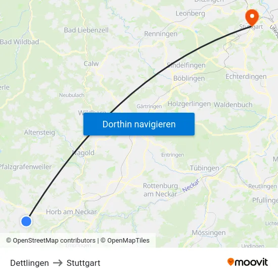 Dettlingen to Stuttgart map