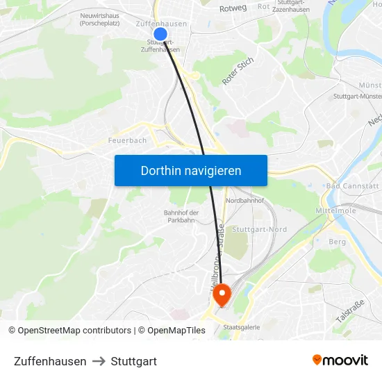 Zuffenhausen to Stuttgart map