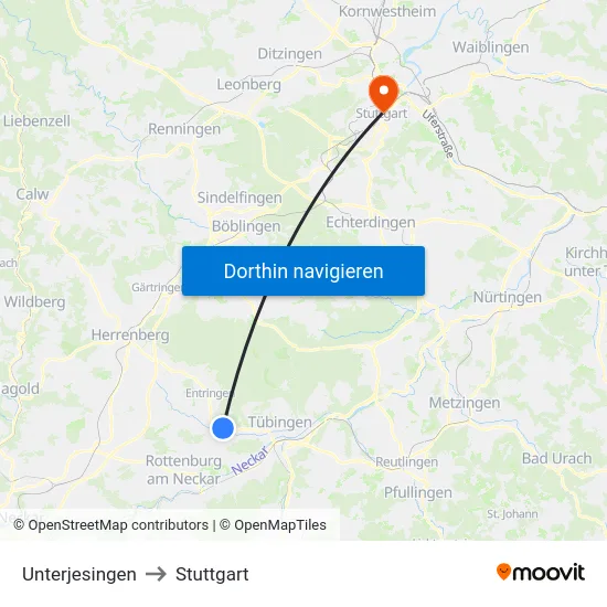 Unterjesingen to Stuttgart map
