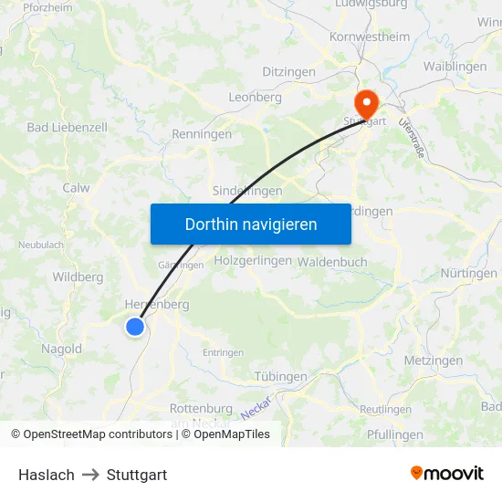 Haslach to Stuttgart map