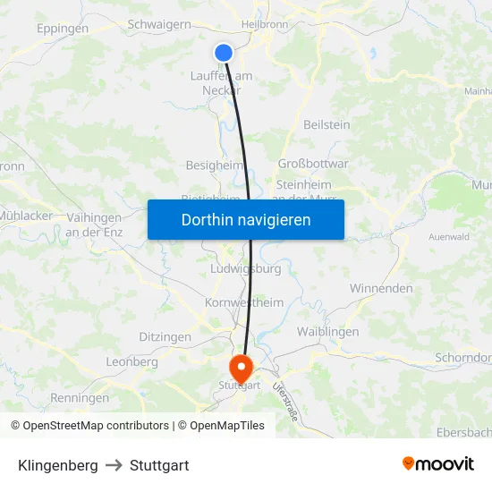 Klingenberg to Stuttgart map