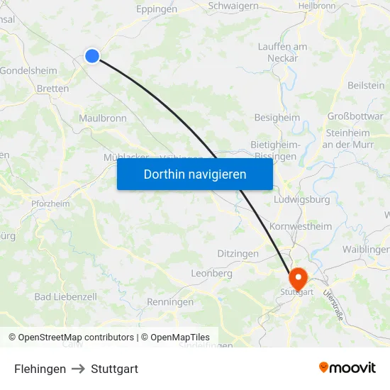 Flehingen to Stuttgart map
