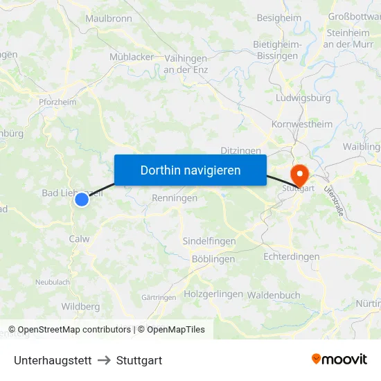 Unterhaugstett to Stuttgart map