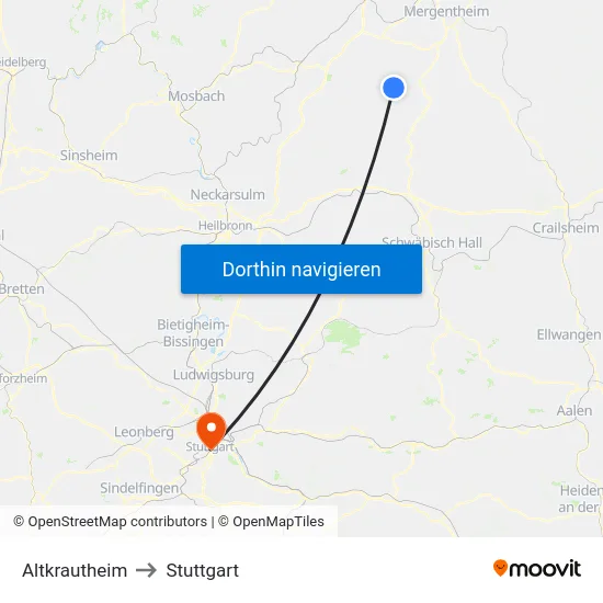 Altkrautheim to Stuttgart map