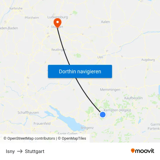 Isny to Stuttgart map
