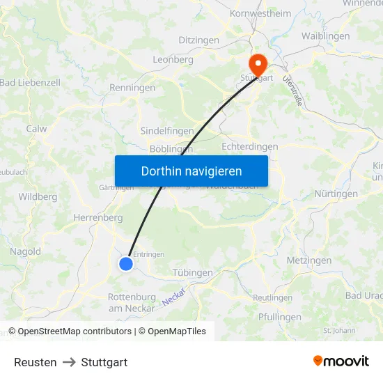 Reusten to Stuttgart map