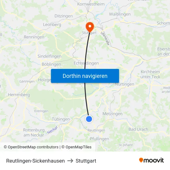 Reutlingen-Sickenhausen to Stuttgart map