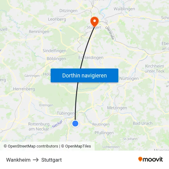 Wankheim to Stuttgart map