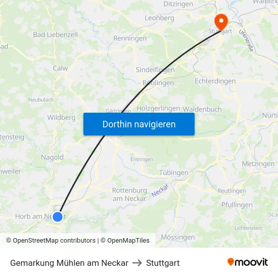 Gemarkung Mühlen am Neckar to Stuttgart map